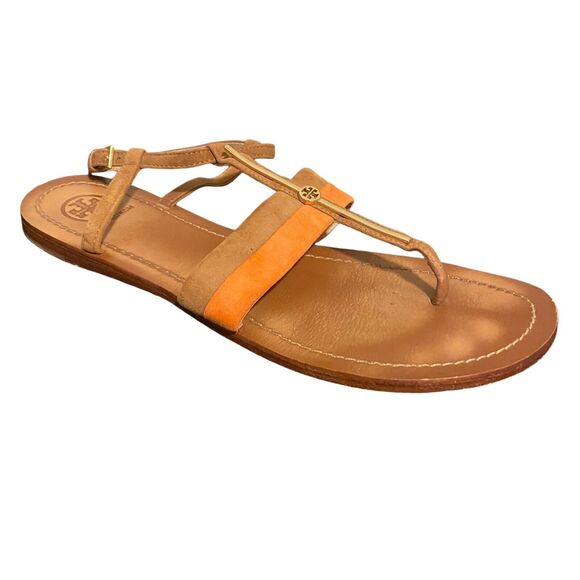 Tory Burch Bar Logo Flat Sandals Coral Tan Suede Size 8.5 Boho Prairie Preppy - Picture 8 of 12